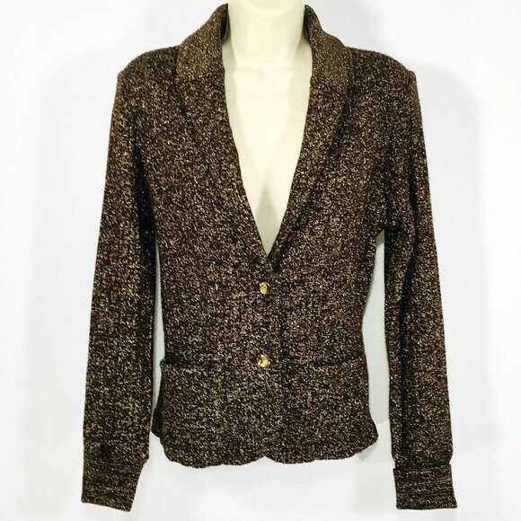 Cache Bronze Gold Shimmer Cable Knit Jacket Cardigan Sz M Pockets Amber Buttons